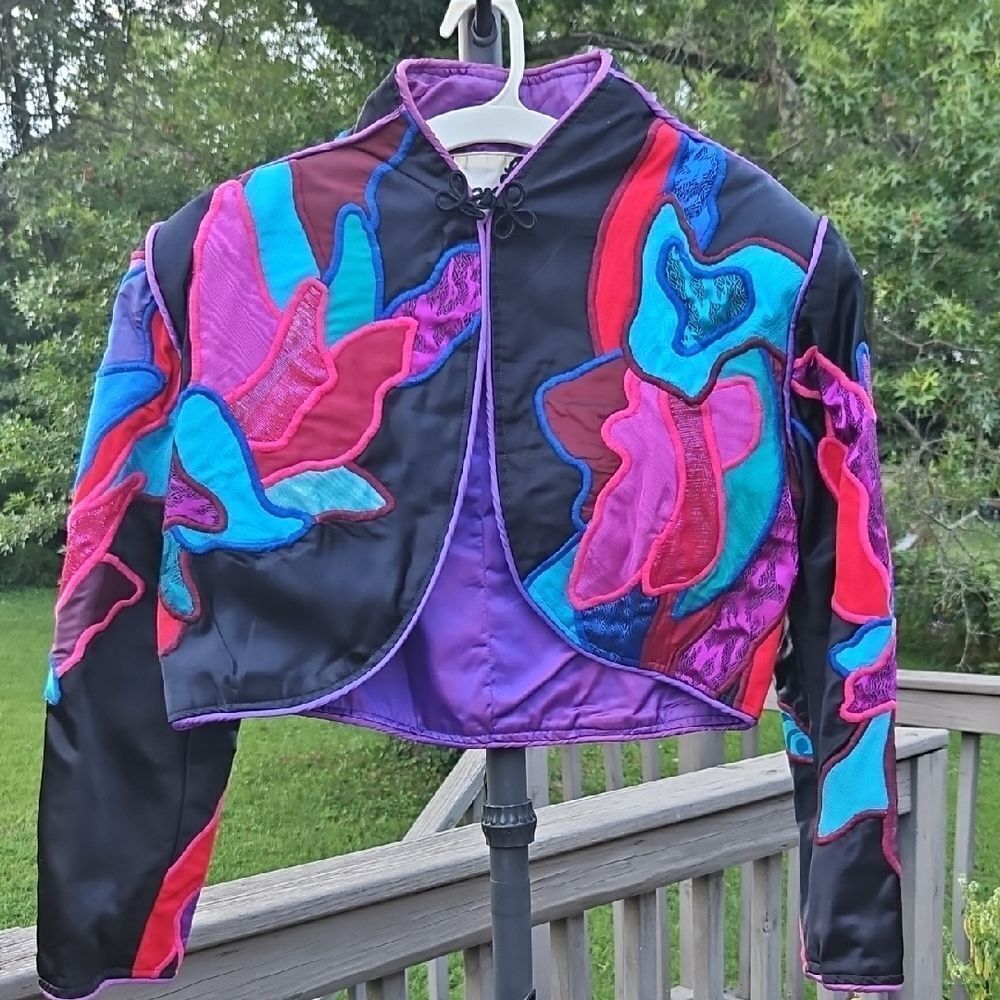 Vintage Judith Roberts La Colección Appliqué Crop Jacket Black Bright Abstract